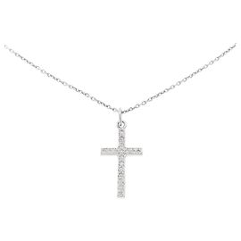 Autre Marque Collar de Cruz en Oro Blanco K10 con Diamantes Plata