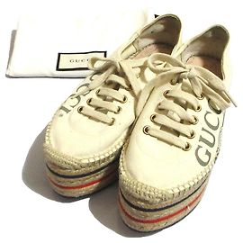 Gucci Logo Print Canvas Espadrille Platform Shoes White Eggshell
