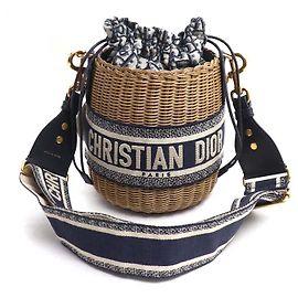 mala bucket Dior Oblique em vime e ráfia Bege