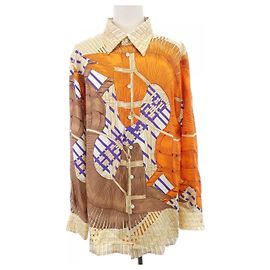 Hermès Hermes CHEMISE SUR MESURE Camisa de seda Marrom Bege Laranja