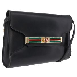 GUCCI Web Sherry Line Shoulder Bag Leather Gold Black Other