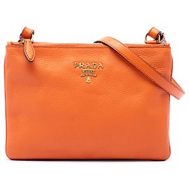 Prada Orange Vitello Phenix Double Zip Crossbody Laranja