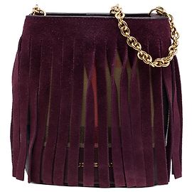 Borsa a secchiello Burberry Red Mega Check in tela e camoscio con frange Rosso Bordò