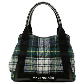 Balenciaga Green Plaid Wool Navy Cabas S Green Dark green