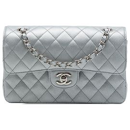 Chanel Silver Medium Classic Metallic Caviar Double Flap Argenté