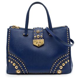 Prada Blue Saffiano Turnlock Double Zip Studded Tote Blau Marineblau