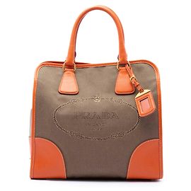 Bolsa Satchel Prada em lona Canapa com logo e acabamento em Saffiano marrom Marrom