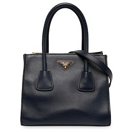 Prada Borsa Satchel Twin Pocket in vitello Glacé Blu Small Blu Blu navy