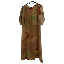 Leonard Floral Print Silk Dress Brown Red Green Yellow