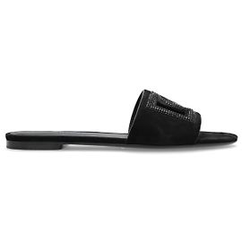 Dolce & Gabbana Logo Crystal Leather Slides Black Black