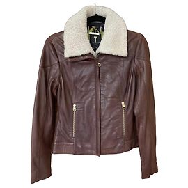 Ted Baker Chaqueta de cuero marrón con cuello de borreguillo Castaño