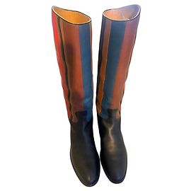 Hermès Multicolored Canvas and Black Leather High Boots Brown Black Red Blue