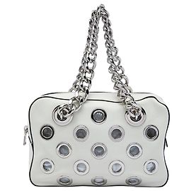 White Prada Vitello Daino Grommet Chain Shoulder Bag White