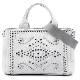 Sac à main Prada Small Denim Canapa Bijoux and Grommet Gris Gris
