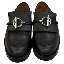 Hermès Black Leather Loafers with Silver Buckle Black
