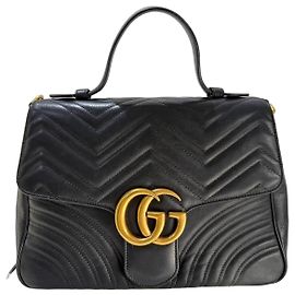 Gucci GG Marmont Borsa a Mano Top Handle in Pelle Nera Nero Gold hardware
