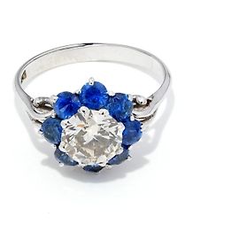 Autre Marque Bague Platine Diamant Taille Ancienne et Saphirs Blanc Bleu