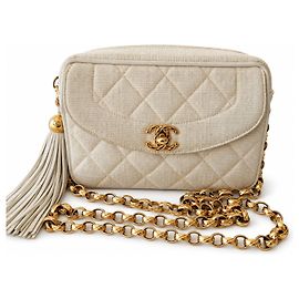 Chanel Petit Sac Camera Bag en Lin Écru Doré Blanc cassé
