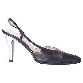 Chanel Vintage Black Leather & Satin Cap-Toe Slingback Pumps Black Other