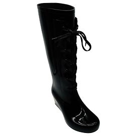 Autre Marque Saint Laurent Black Wedge Heel Lace Up Rubber Rain Boots Black
