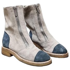 Chanel Women Ankle Boots Beige Suede Beige Dark blue