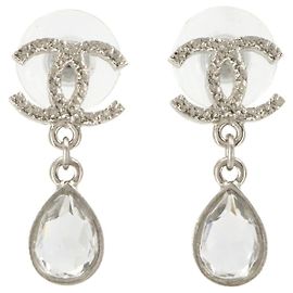 Chanel Coco Mark Crystal Stone Drop Earrings Silvery