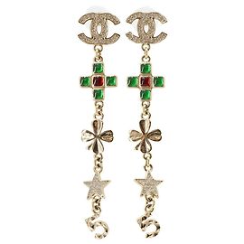 Chanel Coco Mark Rhinestone Clover Star Swing Ohrringe Rot Golden Grün