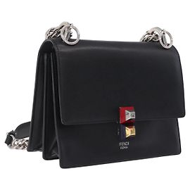 FENDI Canay Chain Shoulder Bag Leather Black Silver 8M0381 Altro