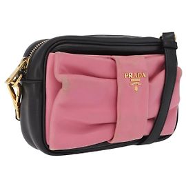 PRADA Sac à épaule Ribbon en cuir Noir Rose Autre