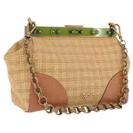 PRADA Chain Shoulder Bag Raffia Beige Gold Tone Other