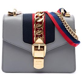 Bolsa Gucci Gray Mini Calfskin Web Sylvie Chain Satchel Marrom