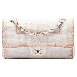 Chanel White Medium Classic Metallic Tweed Double Flap Bianco
