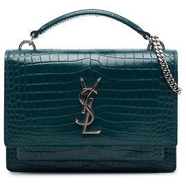 Autre Marque Saint Laurent Green Mini Croc Embossed Leather Monogram Sunset Wallet on Chain Green Dark green