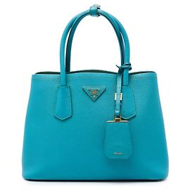 Prada Blue Medium Saffiano Cuir Double Satchel Blau Türkis