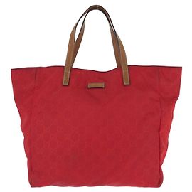 Gucci GG Nylon Nylon Leather Tote Bag Red