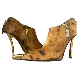 Autre Marque Hamlet Couture – Bottines à talon doré, cuir imprimé léopard, 37½, Made in Italy Marron Doré
