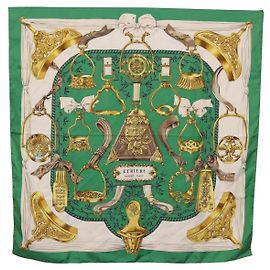 Hermès Carré 90 Etriers Seda Verde Outro