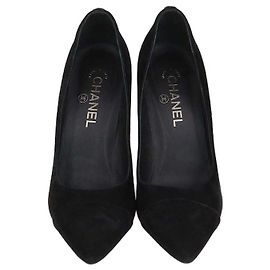 Chanel Black Suede Cap Toe Pointed Toe Pumps Black