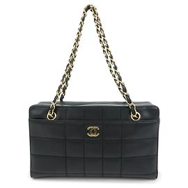 Bolsa de Ombro e de Mão CHANEL Chocolate Bar em Pele de Bezerro com Corrente Preta Preto Dourado
