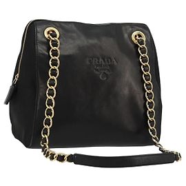 PRADA Chain Shoulder Bag Leather Black Gold Auth yk18939 - Jerrillo Other