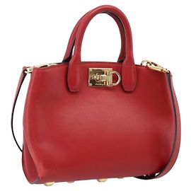 Salvatore Ferragamo Bolsa Studio Gancini Couro 2way Vermelha Ouro Auth 208047A - Jerrillo Outro