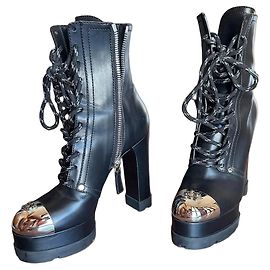 Casadei Black Leather Platform Lace-Up Ankle Boots Black