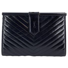 Yves Saint Laurent Vintage Black Chevron Quilted Leather Clutch Bag Black