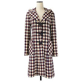 Casaco de tweed xadrez Chanel Branco Vermelho Cru Azul marinho