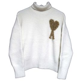 AMI PARIS Pull à col roulé en laine AMI DE COEUR Écru