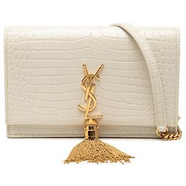 Autre Marque Saint Laurent Carteira de corrente Kate em couro com relevo de crocodilo branco e monograma com borla Branco Cru