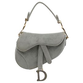 Mini borsa Saddle Dior in velluto grigio con dettagli in metallo e cristalli Marrone Grigio