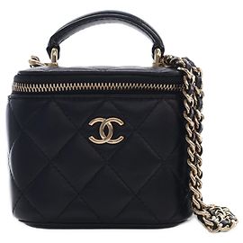 Chanel Black Mini CC Quilted Lambskin Top Handle Vanity Case With Chain Black