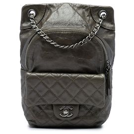 Chanel Brown Small CC Metallic Calfskin Drawstring Flap Backpack Brown Khaki