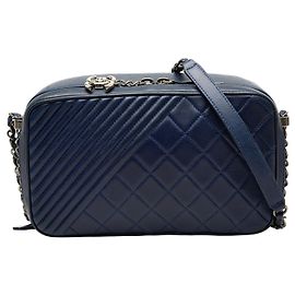 Sac Camera Chanel Blue Large Quilted Lambskin Coco Boy Bleu Bleu foncé